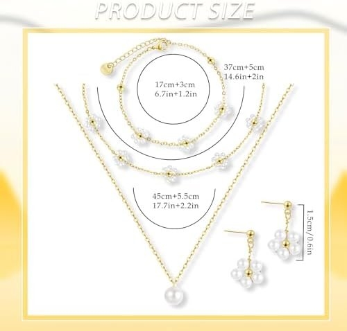 Gold Jewelry Set for Women Dainty 18K Gold Silver Plated Layered Daisy Pearl Flower Choker Necklaces Set Flower Bracelet & Drop Earrings Wedding Jewelry for Christmas Birthday Gifts