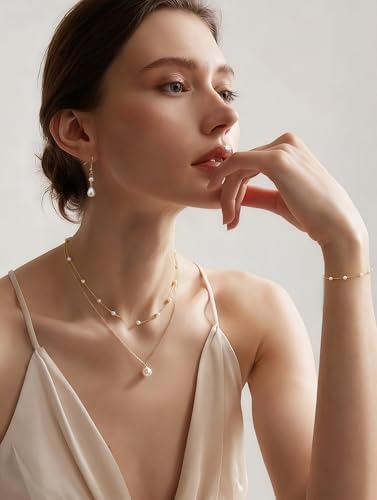 YADOCA Gold Jewelry Set for Women – 16K Gold Plated Pearl Necklace and Earring Set With Drop Earrings,Charm Layered Necklace,Adjustable Bracelets – Dainty Womens Pearl Jewelry Set For Wedding Gifts