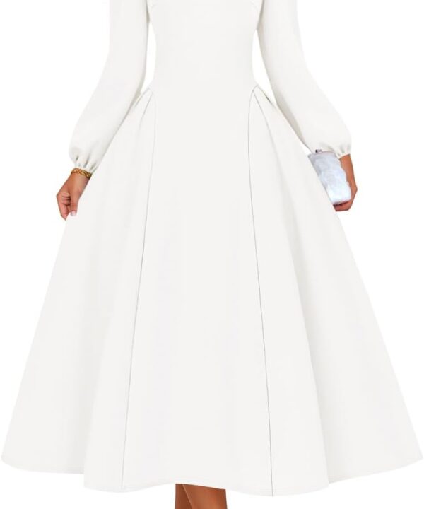 ZESICA Women's Long Sleeve Midi Dresses 2026 Fall Square Neck Swing A Line Wedding Guest Evening Prom Dress