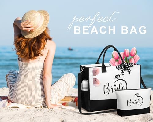 MAYICIVO Bridal Shower Gifts for Bride, Bride to Be Gifts Wedding Engagement Bachelorette Party Gift for Brides Congratulation Honeymoon Gift Set – Canvas Beach Tote Bag & Makeup Bag