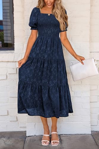 PRETTYGARDEN Womens 2026 Summer Casual Midi Dresses Square Neck Short Sleeve Smocked A Line Floral Flowy Elegant Boho Dress