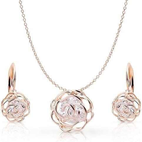Crystalline Azuria Women 18K Gold Plated White Crystal Roses Flowers Necklace and Earrings Set for Women Wedding Party Bridal Bridesmaid Accessories