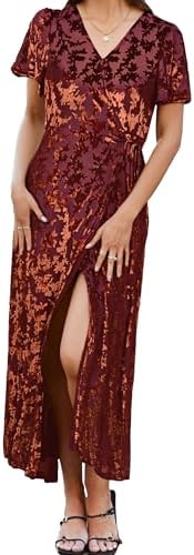 Simplee Womens Velvet Wrap Dress Short Sleeve High Split Fall Wedding Guest Dresses Long Formal Cocktail Party Dresses
