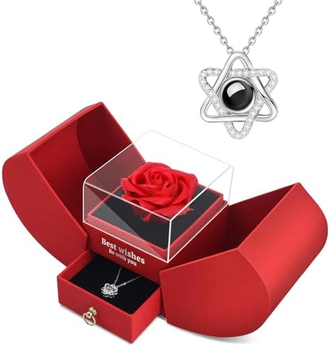 QETRABONE Preserved Red Real Rose Necklace I Love You in 100 Languages – Eternal Flowers Rose, Birthday Gifts for Women Her Mom Wife Girlfriend Grandma on Mothers Valentines Christmas Anniversary