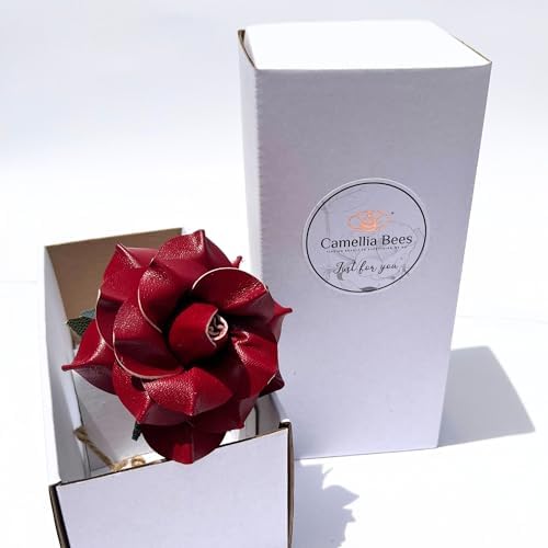 Camellia Bees Leather Rose Gift for her/him on Valentines Day, Mothers Day, Third Years 3rd Wedding Anniversary (Burgundy)