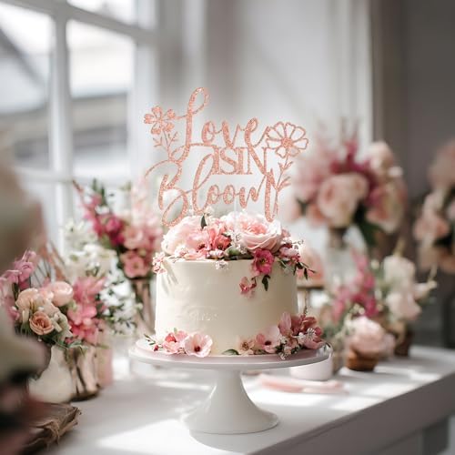 Love is in Bloom Cake Topper, Floral Bridal Shower Cake Decorations, Wildflower Floral Flower Themed Wedding Engagement Bachelorette Party Decorations, Rose Gold Glitter