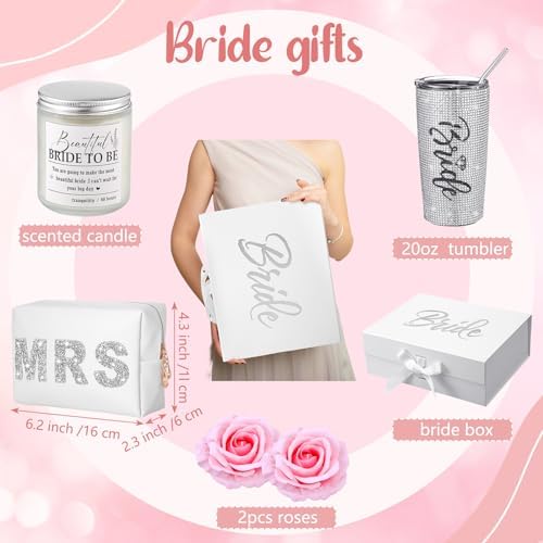 Croloose 9 Pcs Rhinestone Bridal Shower Gift Set Include Box 20 oz Tumbler Slippers Bride Robe Makeup Bag Scented Candle Blindfold 2 Artificial Rose for Bachelorette Wedding Party Gift