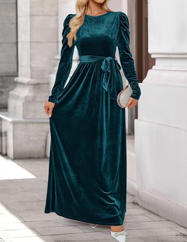 ZESICA Womens Velvet Maxi Dress Fall 2026 Long Puff Sleeve Crew Neck Elastic High Waist Cocktail Party Bridesmaid Dresses
