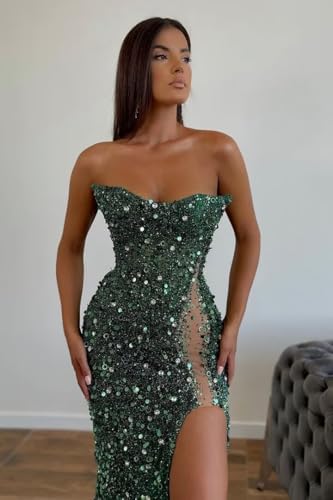 Strapless Prom Dresses 2025 Mermaid Sequin Sparkly Beaded Long Tube Sexy Sheer Sheath Evening Formal Party Dresses with Slit