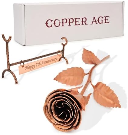 Copper Rose with Stand & Engraved Plate Happy 7th Anniversary – 7th Wedding Anniversary Decor for Wife, Him or Her – Traditional Copper Gift Keepsake
