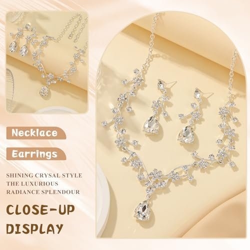 Floral Jewelry Set for WomenWedding Jewelry Sets For Brides With Crystal Necklace & Earrings for Brides and Bridesmaids