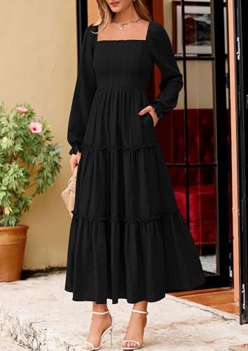 PRETTYGARDEN Spring Dresses for Women 2026 Casual Long Sleeve Smocked Ruffle Flowy Elegant Wedding Guest Maxi Dress Pockets