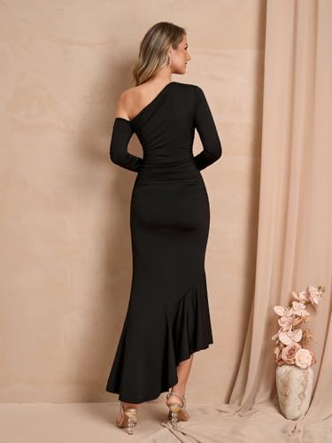 Parthea Women One Shoulder Long Sleeve Ruched Bodycon Midi Dress Fall Wedding Guest Elegant Cocktail Party Gown