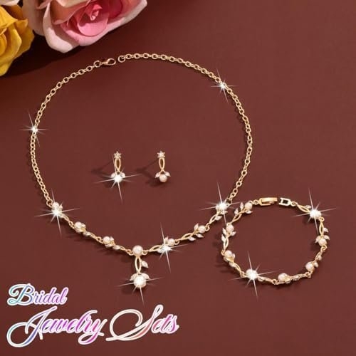 Unicra Pearl Jewelry Set Gold Prom Formal Necklace Earrings Bracelet Sets Rhinestone Bridal Wedding Jewelry Sets for Women and Brides