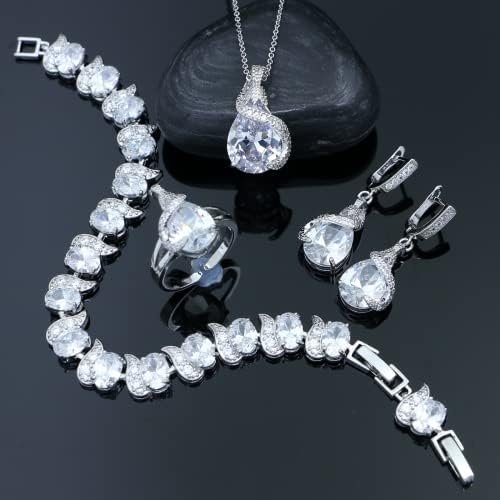GZWHD Jewelry Set for Women Water Drop Cubic Zirconia Artificial Crystal Earrings Pendant Necklace Open Ring Tennis Bracelet Wedding Anniversary Birthday Engagement Gift for Bridesmaid Wife Girlfriend Friend