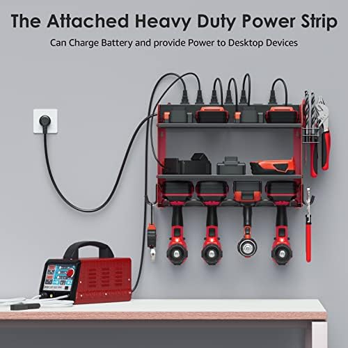 CCCEI Modular Power Tool Organizer Wall Mount with Charging Station. Garage Drill Storage Shelf with Hooks, Heavy Duty Rack, Tool Battery Holder Built in 8 Outlet. Gift for Men. Red, 1 Pack.