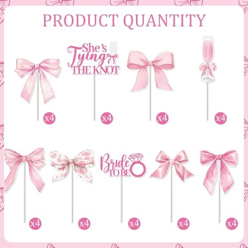 FodeMoraka Shes Tying The Knot – 36 Pcs Pink Bride to Be Cupcake Toppers Decorations Set Cake Cupcakes Dessert Decor Coquete Bow Wine Glass Party Supplies Favors for Girls Bachelorette Bridal Shower