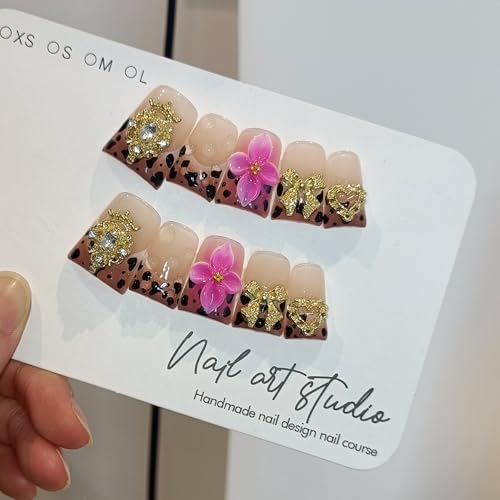 TENPAL Duckbill Nails,Brown Leopard French Tips Press on Nails with Kit,Soft Gel Fake Nails with 3D Charms Hearts Bows Flowers,Metallic Edgy Punk Y2K False Nail with Rhinestone for Winter Fall(S)