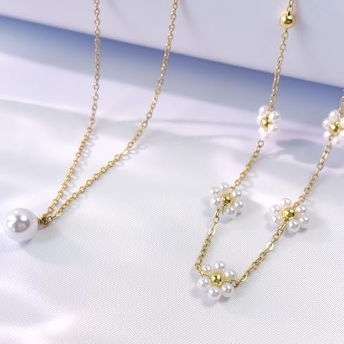 Gold Jewelry Set for Women Dainty 18K Gold Silver Plated Layered Daisy Pearl Flower Choker Necklaces Set Flower Bracelet & Drop Earrings Wedding Jewelry for Christmas Birthday Gifts