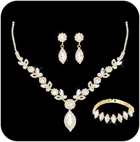 yuxiaoyu Bridal Jewelry Set for Wedding Prom Jewelry Set for Women Sparkly Rhinestone Necklace Earrings Bracelet Sets for Bride Bridesmaid Quinceanera Costume Accessories