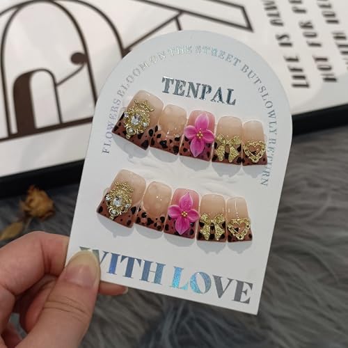 TENPAL Duckbill Nails,Brown Leopard French Tips Press on Nails with Kit,Soft Gel Fake Nails with 3D Charms Hearts Bows Flowers,Metallic Edgy Punk Y2K False Nail with Rhinestone for Winter Fall(S)