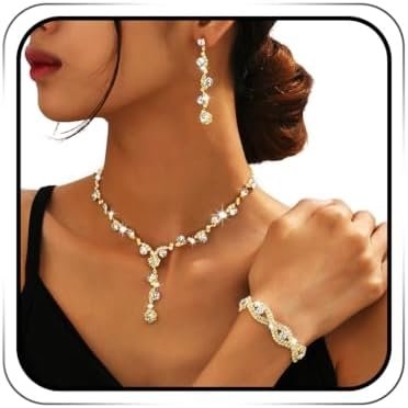 Sixexey Rhinestone Jewelry Set Sparkly Prom Jewelry Necklace Wedding Necklace Jewelry Accessories for Women (Gold)