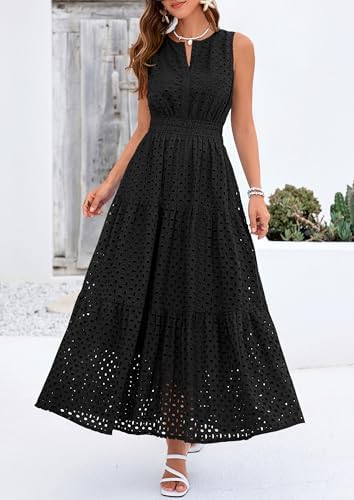 PRETTYGARDEN Summer Dresses for Women 2026 Sundresses Sleeveless V Neck Eyelet A Line Flowy Beach Vacation Spring Maxi Dress