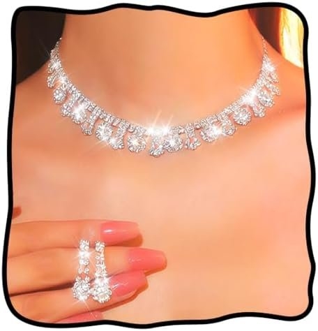 Nicute Crystal Wedding Jewelry Set Silver Necklace Earrings Rhinestone Wedding Jewelry Sets for Brides Bridesmaid