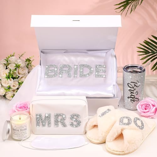 Croloose 9 Pcs Rhinestone Bridal Shower Gift Set Include Box 20 oz Tumbler Slippers Bride Robe Makeup Bag Scented Candle Blindfold 2 Artificial Rose for Bachelorette Wedding Party Gift