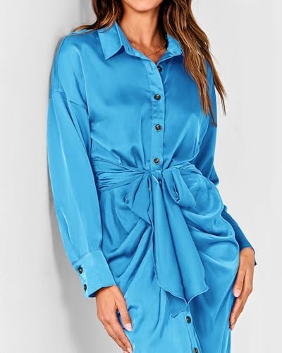 BTFBM Summer Dresses for Women 2026 Long Sleeve Lapel V Neck Button Down Elegant Belted Ruched Satin Shirt Spring Dress