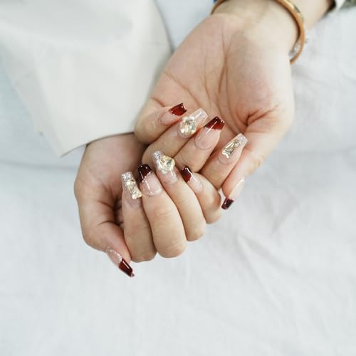 Tesytto Valentine French Tip Press On Nails Red Short Coffin – Nude Base Gold Glitter with 3D Rhinestone Decor Handmade Nails for Wedding, Party, New Year (Wine Red Romance,M)