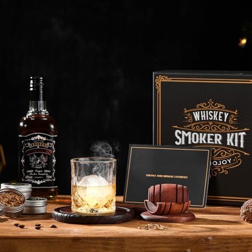 Whiskey Smoker Kit with Torch – 6 Flavors Wood Chips, 2 Glasses, 2 Ice Ball Molds – Cocktail Smoker Infuser Kit, Old Fashioned Drink Smoker Kit, Birthday Bourbon Whiskey Gifts for Men,Dad(NO Butane)