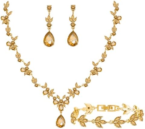 Paxuan Bridal Wedding Elegant Floral Jewelry Set for Women/Brides/Bridesmaids Crystal Jewelry Set for Wedding Prom Party Bridal Crystal Necklace Earrings Bracelet Set