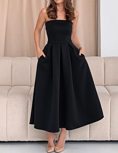 ZESICA Womens Summer Strapless Cocktail Dresses 2026 Elegant Off Shoulder Flowy A Line Wedding Guest Party Midi Dress
