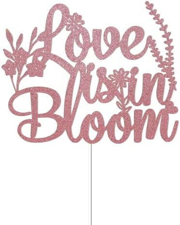 Love is in Bloom Cake Topper – Floral Bridal Shower Decor, Wildflower Themed Bridal Shower Engagement Wedding Party Decorations Rose Gold Glitter