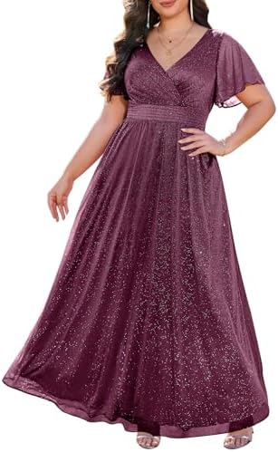 Plus Size Formal Dresses – V Neck Flutter Sleeve Glitter Prom Evening Gowns Wedding Guest Chiffon Long Maxi Dress