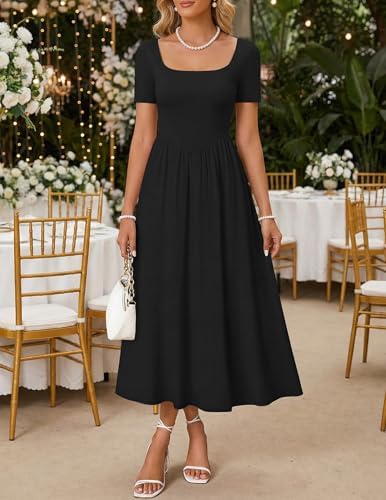 ZESICA Summer Dresses for Women 2026 Elegant Classy Square Neck Short Sleeve Flowy Cocktail Party Midi Dress