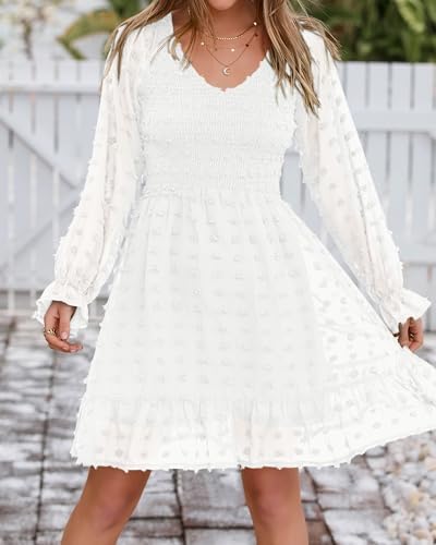 BTFBM Spring Dresses for Women 2026 Long Sleeve Casual V Neck Swiss Dot Smocked Ruffle Chiffon Flowy Mini Summer Dress