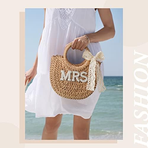 Pinkunn Bride Gift Bride Straw Purse Mrs Handwoven Bag Rhinestone Letter Bag Bachelorette Honeymoon Wedding Bridal Shower