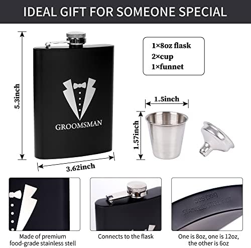 6 Pieces Groomsmen Gifts Groomsman Proposal Wedding Party Box Set:8oz Stainless Steel Tuxedo Flask with cups Poker Bottle Cap Opener Sunglass Card Sticker Groomsman Box for Wedding Bachelor Party