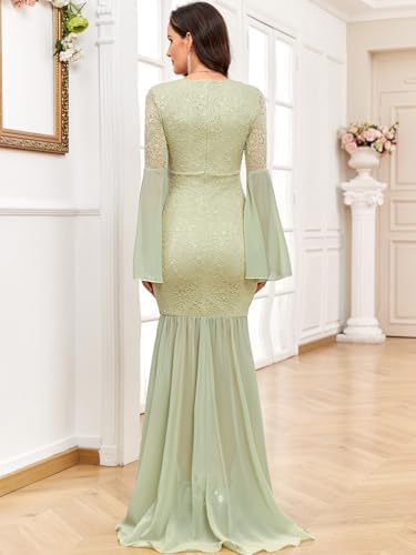 Maternity Dress Baby Shower Long Bell Sleeve Floral Lace Contrast Chiffon V-Neck Mermaid Pregnancy Photoshoot Gown