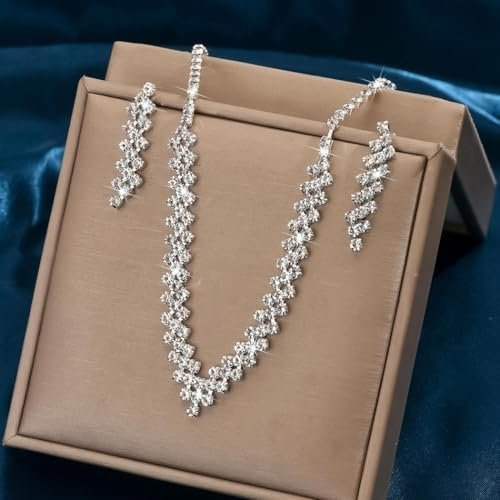 Aukmla Bridal Jewelry Set Rhinestones Bride Wedding Necklace Earring Sets Prom Costume Necklaces for Women