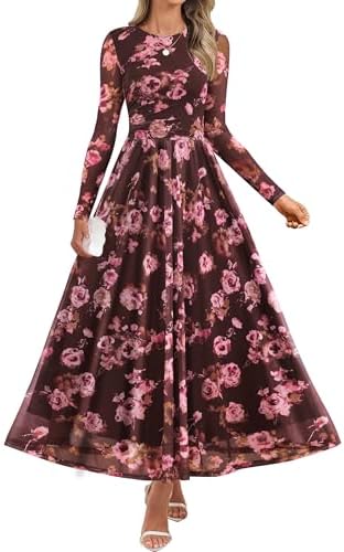 ZESICA Womens Maxi Dress 2026 Spring Long Sleeve Crewneck Floral Print Mesh Ruched Party Wedding Guest Dresses