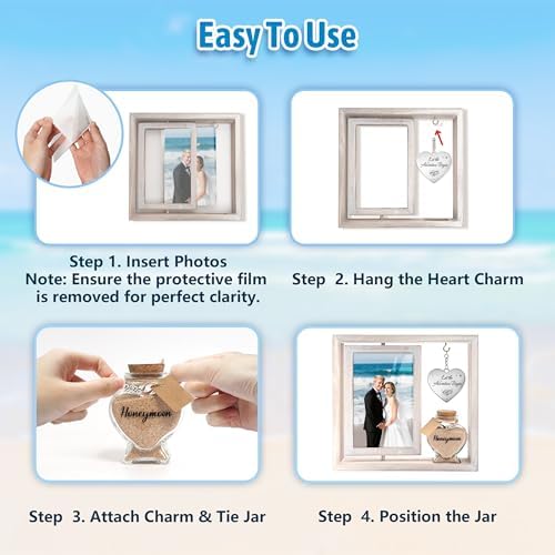 Wedding Gifts for Couples 360 Rotating Double-Sided Picture Frame with Honeymoon Sand Keepsake Jar, Holds Two 4×6 Photos, Ideal for Bridal Shower, Mr & Mrs Engagement and Newlywed Gift Set (Let the adventure begin-White)