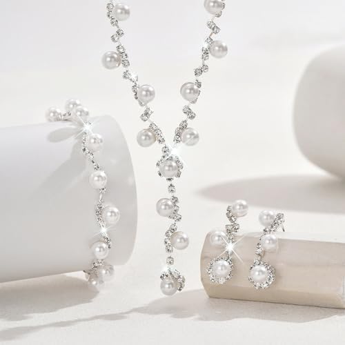 Wedding Jewelry Sets for Brides Silver Rhinestone Necklaces Earring Bracelet Set Wedding Sets for Women Prom Jewelry Sets for Women