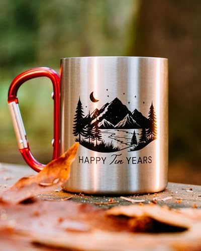 10 Year Anniversary Tin Gifts for Him Tin Anniversary for Husband – 8oz Aluminum Mug with Carabiner Handle 10th Anniversary for Couple (Red)