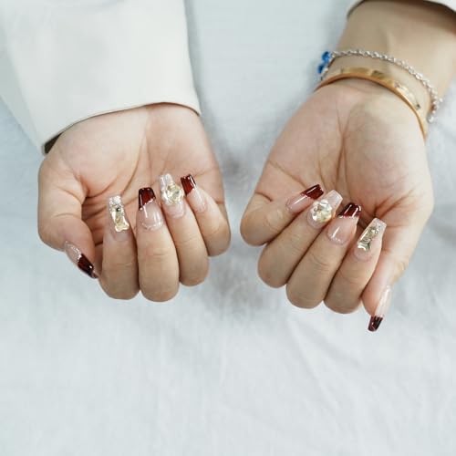 Tesytto Valentine French Tip Press On Nails Red Short Coffin – Nude Base Gold Glitter with 3D Rhinestone Decor Handmade Nails for Wedding, Party, New Year (Wine Red Romance,M)