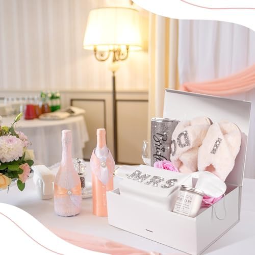 Croloose 9 Pcs Rhinestone Bridal Shower Gift Set Include Box 20 oz Tumbler Slippers Bride Robe Makeup Bag Scented Candle Blindfold 2 Artificial Rose for Bachelorette Wedding Party Gift