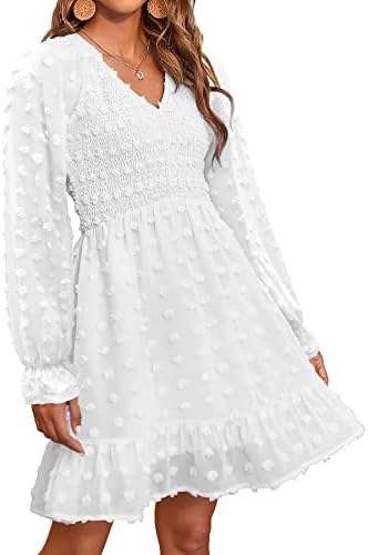 BTFBM Spring Dresses for Women 2026 Long Sleeve Casual V Neck Swiss Dot Smocked Ruffle Chiffon Flowy Mini Summer Dress