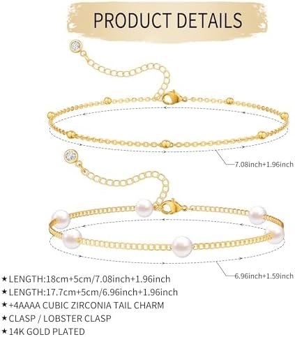 NECOCY 14K Gold Plated Pearl Bracelets for Women, Dainty Bracelets Stack Trendy Pearls Beaded Link Chain Charm Bracelets Set Layered Non Tarnish Tiny Cute Jewelry for Women